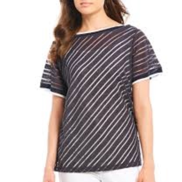 Jones NY Sheer Diagonal Stripe Contrast Trim Top - Picture 1 of 8
